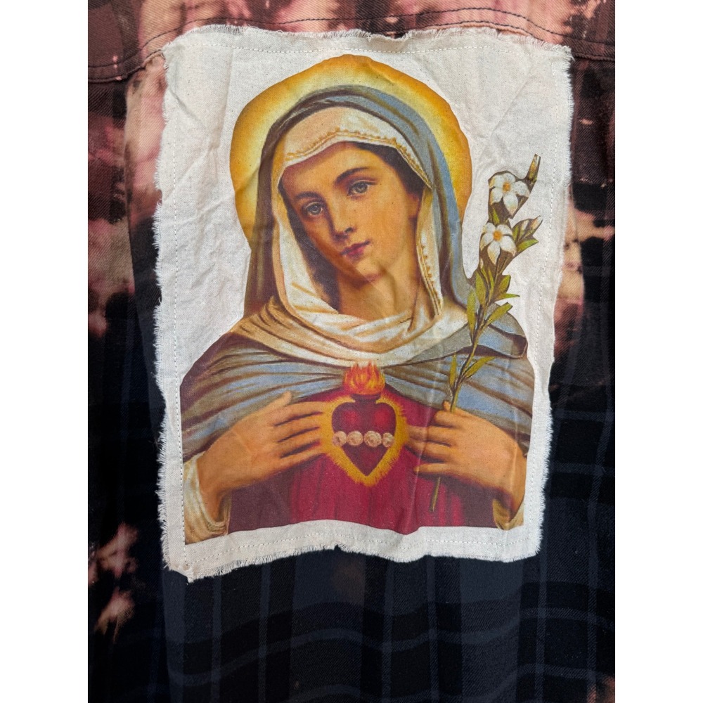 One-of-a-Kind Sacred Heart Mary Bleached Flannel Shirt Wearable Art | Large Tall - Picture 2 of 9